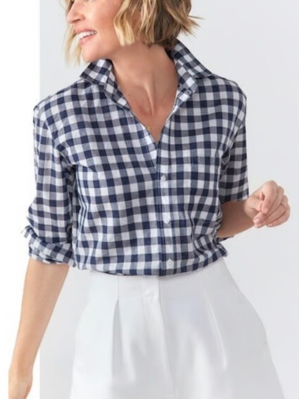 Frank & Eileen Barry Tailored Button-Up Shirt Blue White Gingham Check-Medium